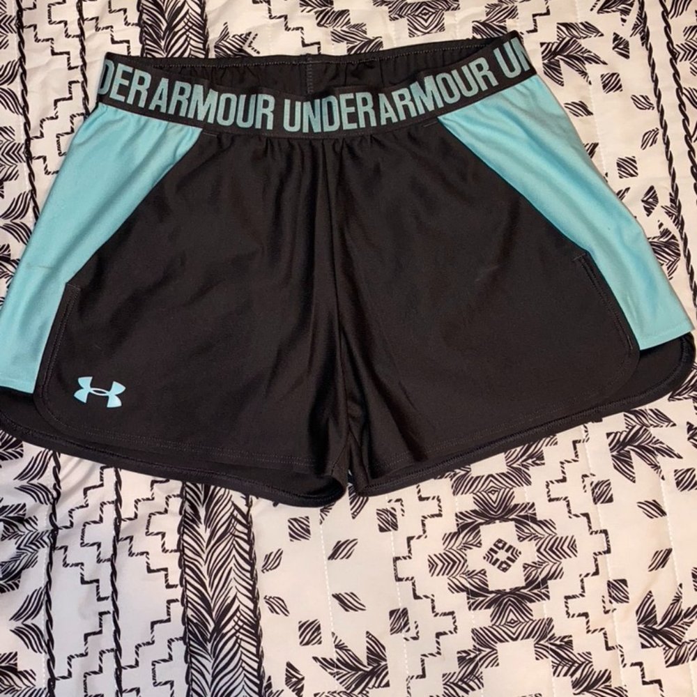 Teal and gray UA shorts